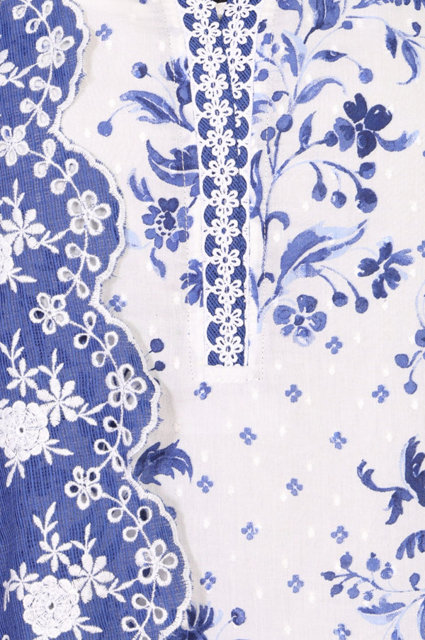 White Floral Printed Thread Embroidered Pure Cotton Straight Kurta with Trousers and Dupatta Set