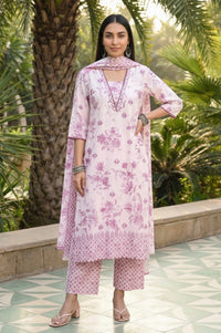 White Floral Printed Pure Cotton Straight Kurta with Palazzo and Dupatta Set