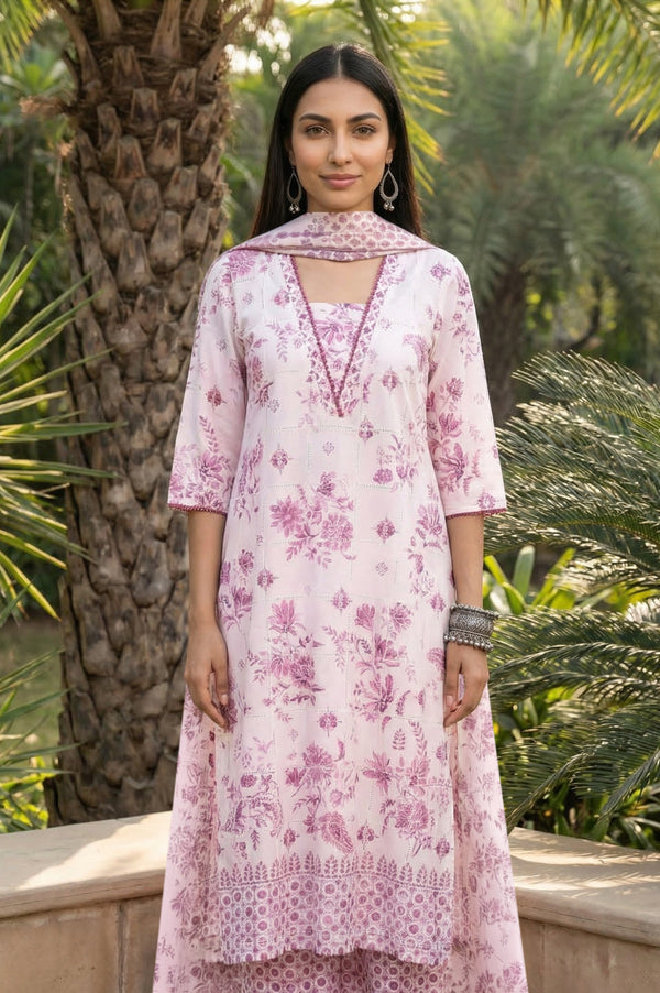 White Floral Printed Pure Cotton Straight Kurta with Palazzo and Dupatta Set