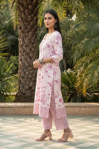White Floral Printed Pure Cotton Straight Kurta with Palazzo and Dupatta Set