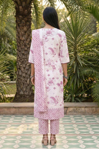 White Floral Printed Pure Cotton Straight Kurta with Palazzo and Dupatta Set