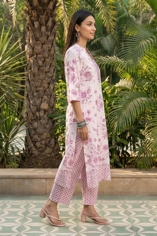 White Floral Printed Pure Cotton Straight Kurta with Palazzo and Dupatta Set