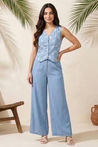 Blue Floral Embroidered Lyocell Straight Top with Trouser Co-ord Set