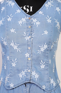Blue Floral Embroidered Lyocell Straight Top with Trouser Co-ord Set