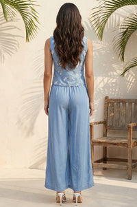 Blue Floral Embroidered Lyocell Straight Top with Trouser Co-ord Set