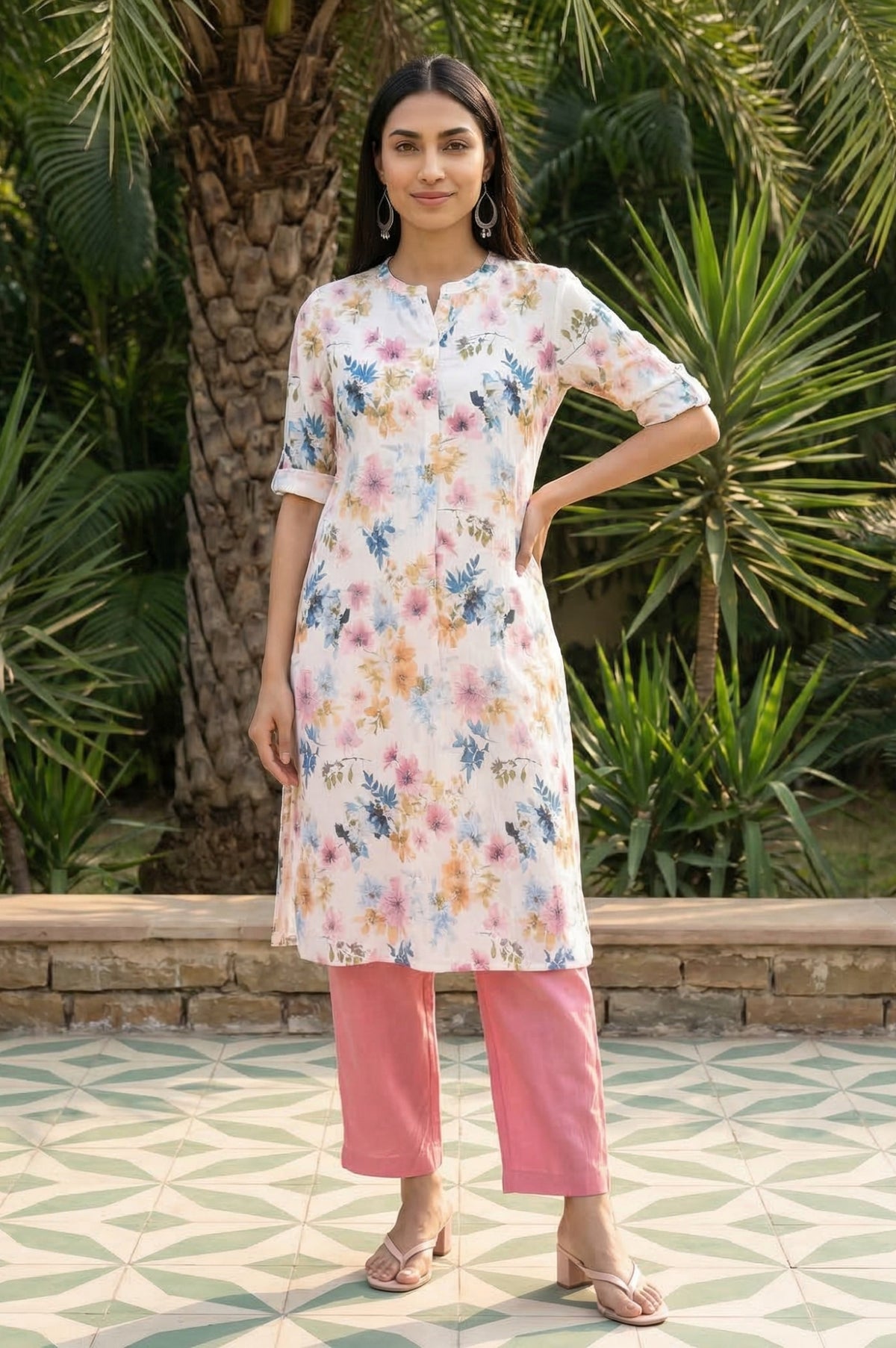 White Floral Printed Rayon Straight Kurta with Palazzo Set - S