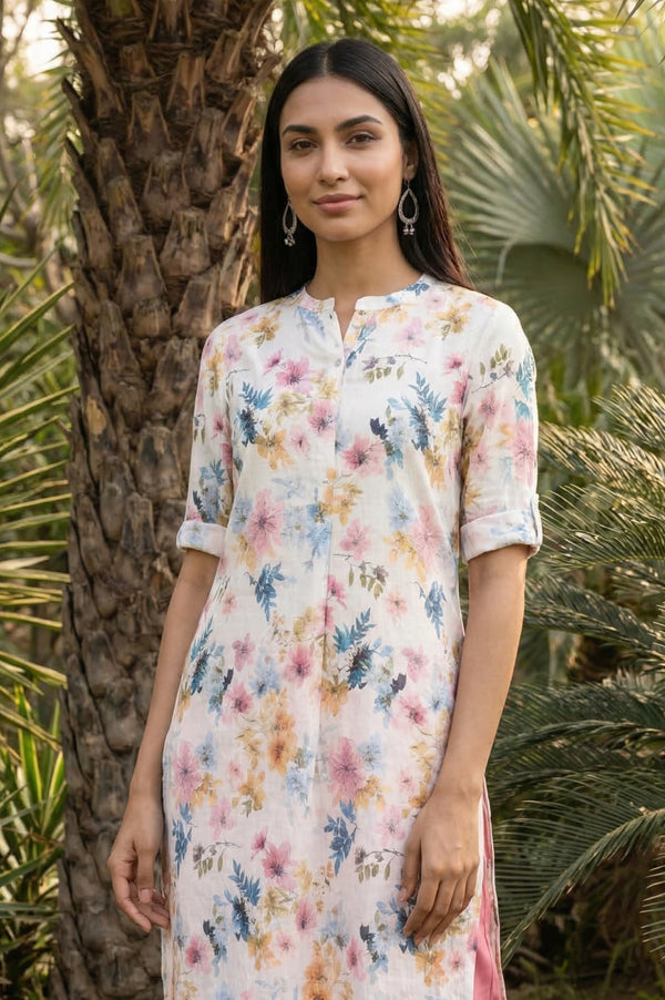 White Floral Printed Rayon Straight Kurta with Palazzo Set