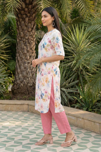 White Floral Printed Rayon Straight Kurta with Palazzo Set