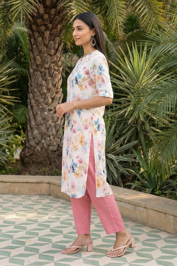 White Floral Printed Rayon Straight Kurta with Palazzo Set