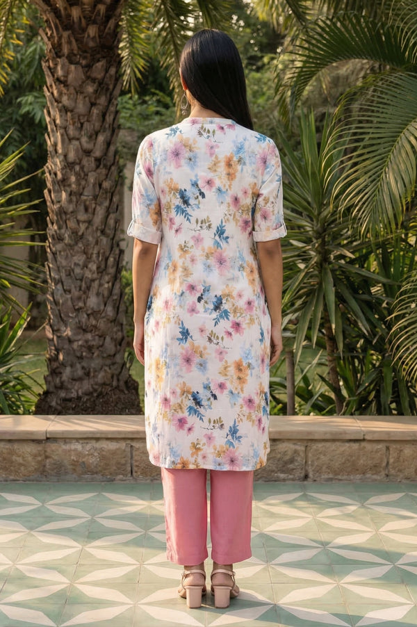 White Floral Printed Rayon Straight Kurta with Palazzo Set