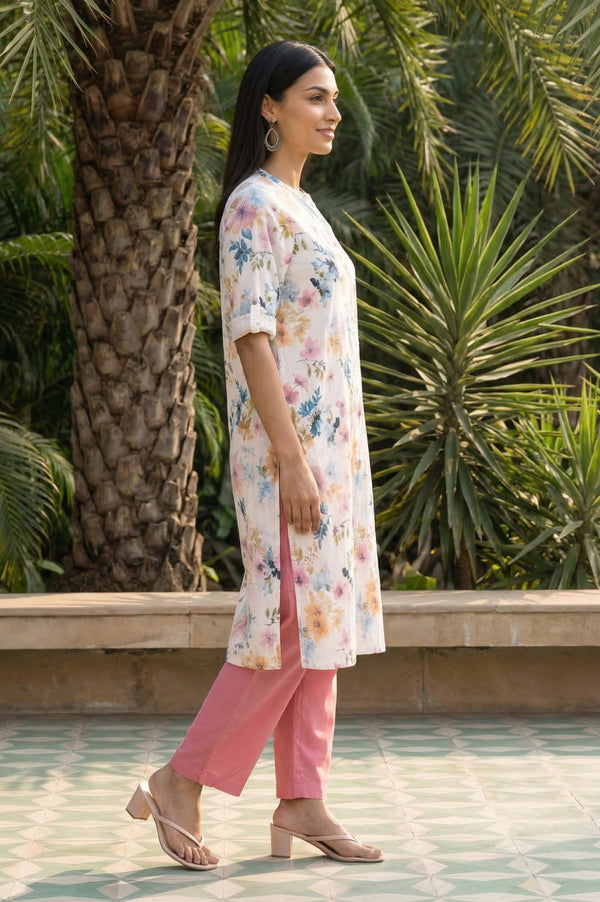 White Floral Printed Rayon Straight Kurta with Palazzo Set