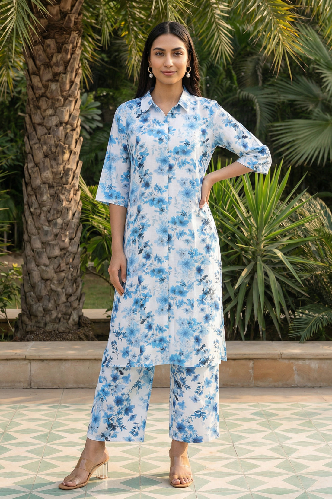 White Floral Printed Rayon Straight Kurta with Cullotes Co-ord Set