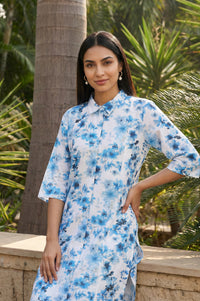 White Floral Printed Rayon Straight Kurta with Cullotes Co-ord Set
