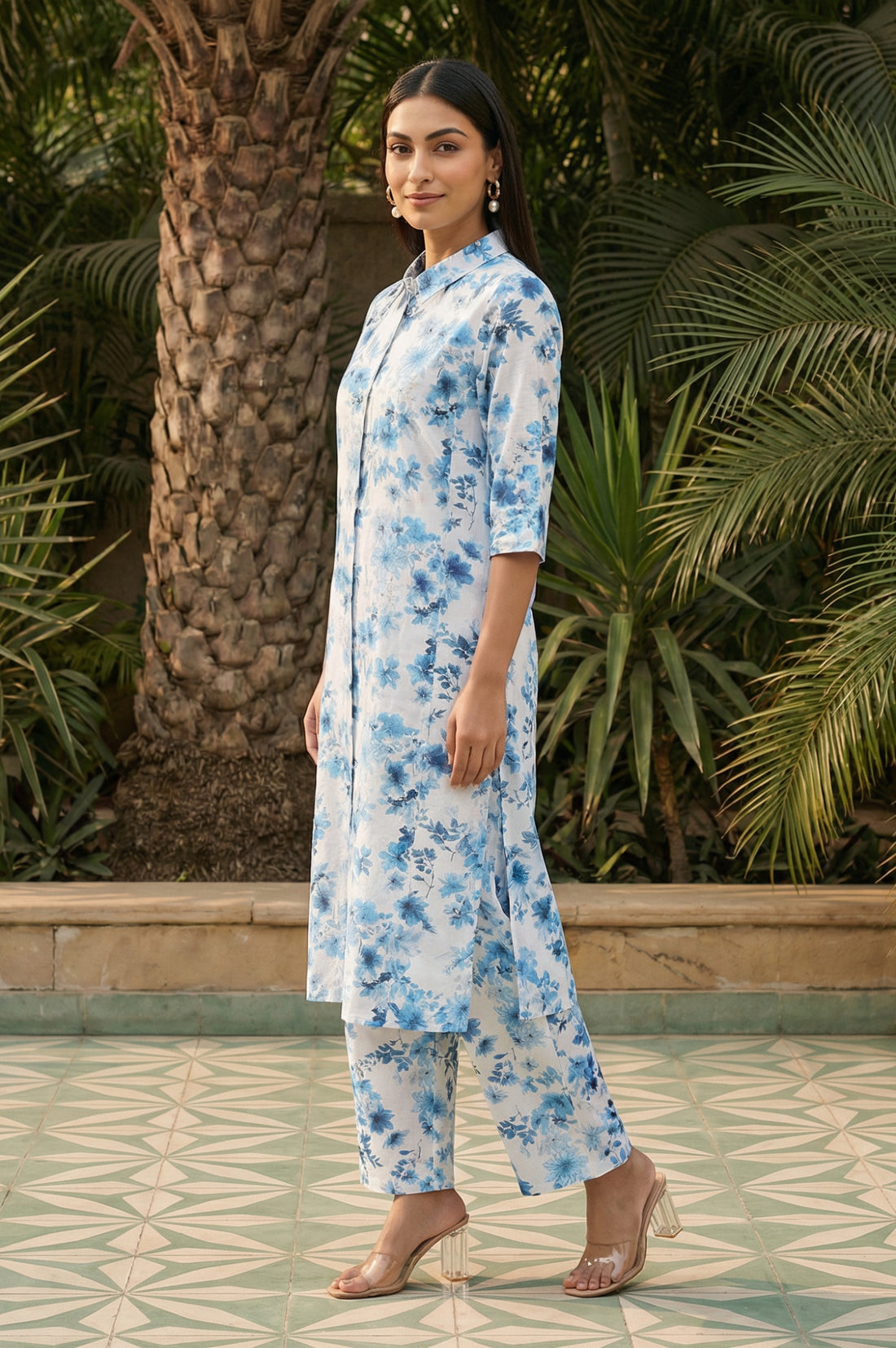 White Floral Printed Rayon Straight Kurta with Cullotes Co-ord Set