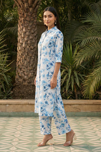White Floral Printed Rayon Straight Kurta with Cullotes Co-ord Set