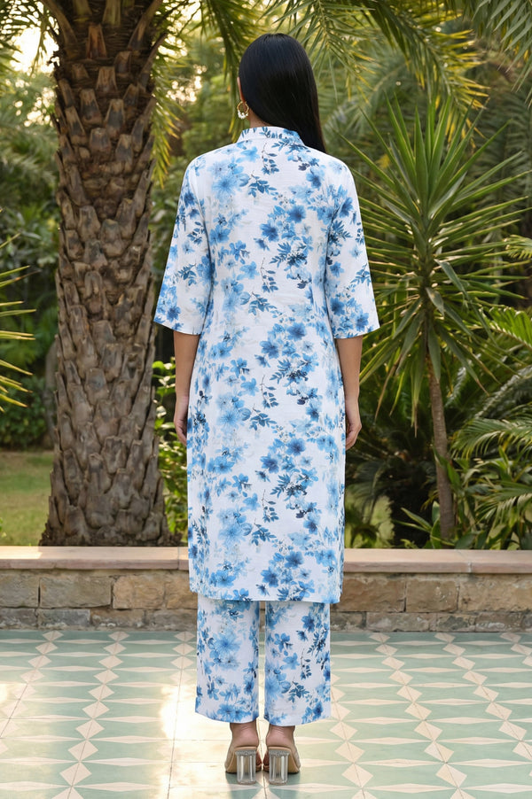 White Floral Printed Rayon Straight Kurta with Cullotes Co-ord Set