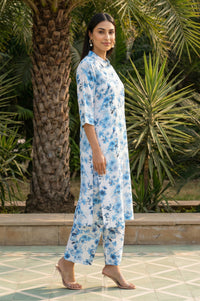 White Floral Printed Rayon Straight Kurta with Cullotes Co-ord Set