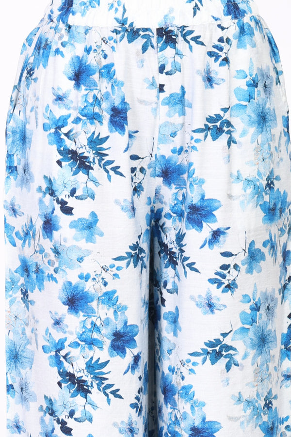 White Floral Printed Rayon Straight Kurta with Cullotes Co-ord Set