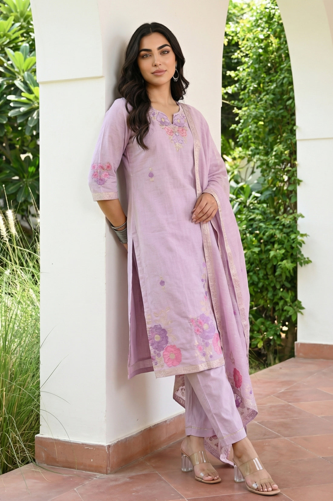 Lavender Zari Embroidered Jacquard Straight Kurta with Palazzo and Dupatta Set
