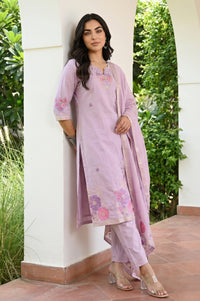 Lavender Zari Embroidered Jacquard Straight Kurta with Palazzo and Dupatta Set