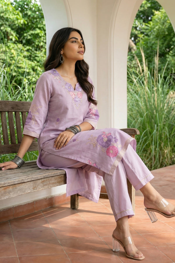 Lavender Zari Embroidered Jacquard Straight Kurta with Palazzo and Dupatta Set