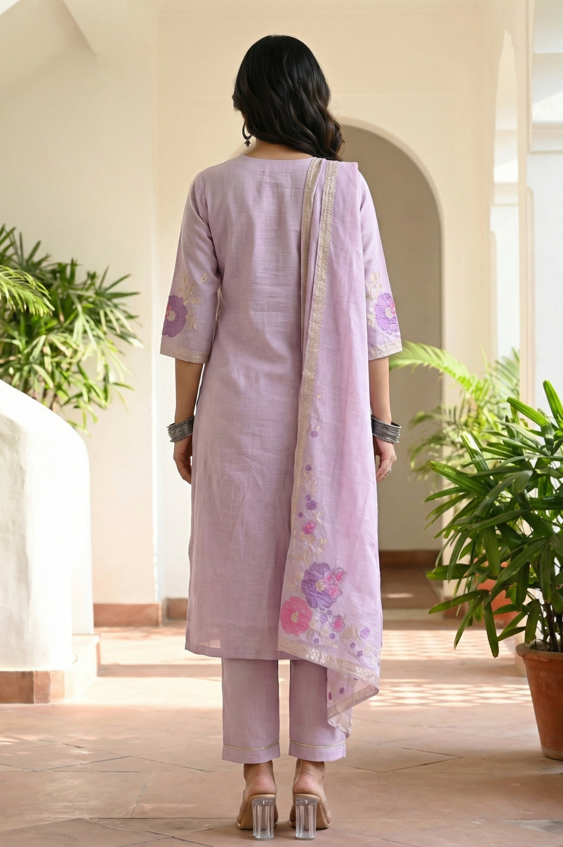 Lavender Zari Embroidered Jacquard Straight Kurta with Palazzo and Dupatta Set