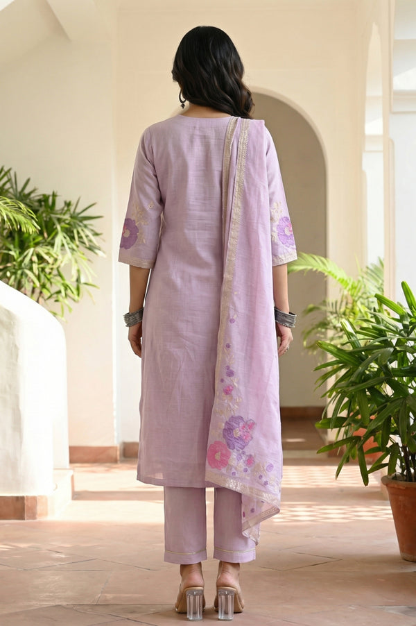 Lavender Zari Embroidered Jacquard Straight Kurta with Palazzo and Dupatta Set