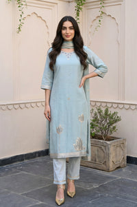 Greyish Blue Embroidered Straight Jacquard Kurta with Trouser and Dupatta Set