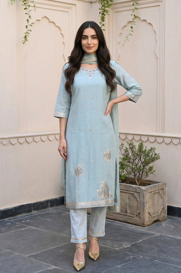 Greyish Blue Embroidered Straight Jacquard Kurta with Trouser and Dupatta Set