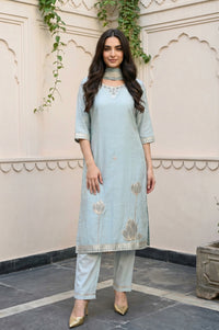 Greyish Blue Embroidered Straight Jacquard Kurta with Trouser and Dupatta Set