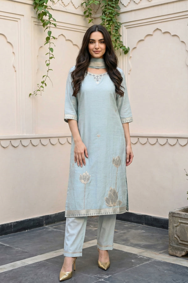 Greyish Blue Embroidered Straight Jacquard Kurta with Trouser and Dupatta Set