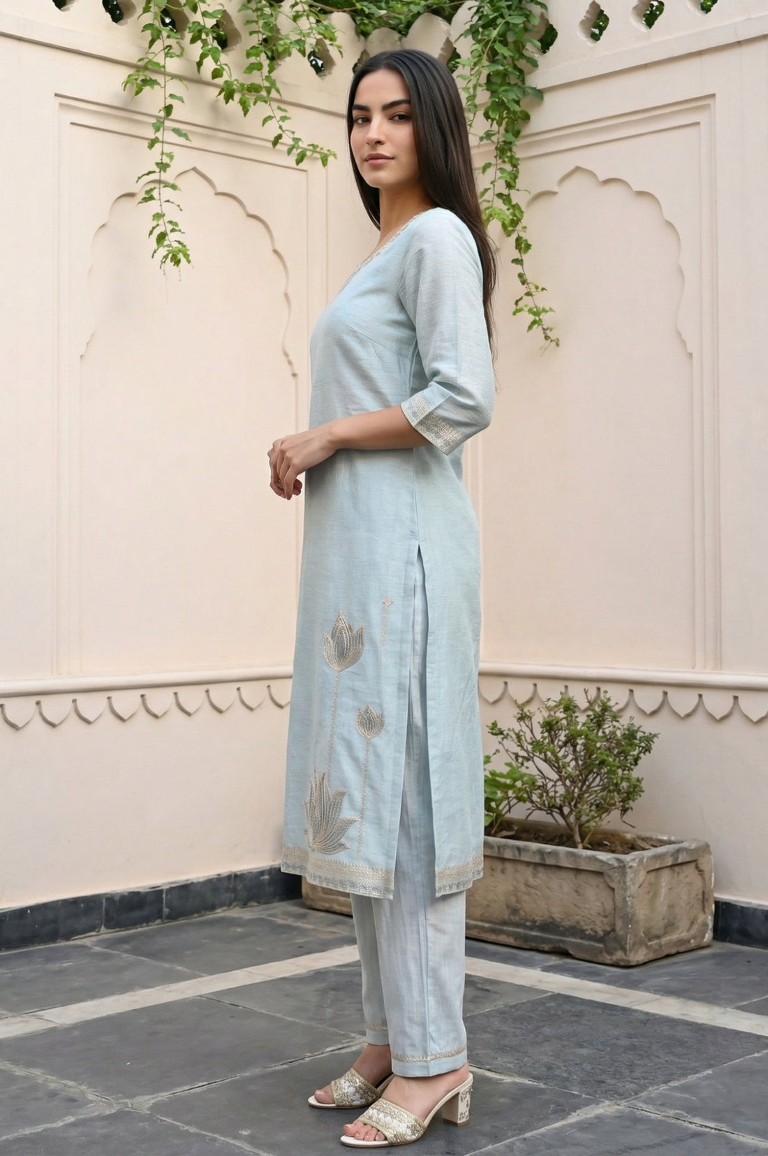 Greyish Blue Embroidered Straight Jacquard Kurta with Trouser and Dupatta Set