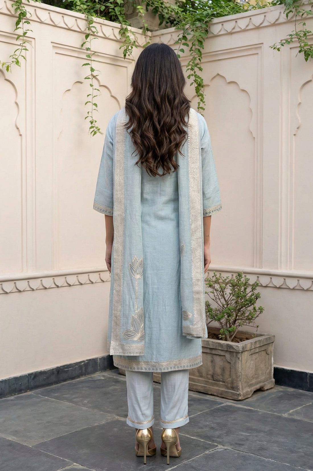 Greyish Blue Embroidered Straight Jacquard Kurta with Trouser and Dupatta Set