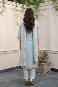 Greyish Blue Embroidered Straight Jacquard Kurta with Trouser and Dupatta Set