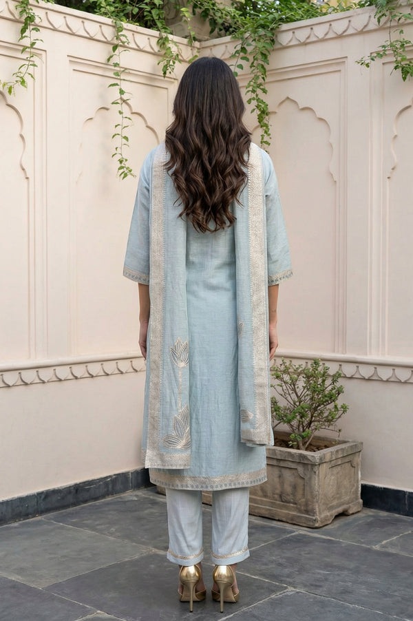 Greyish Blue Embroidered Straight Jacquard Kurta with Trouser and Dupatta Set