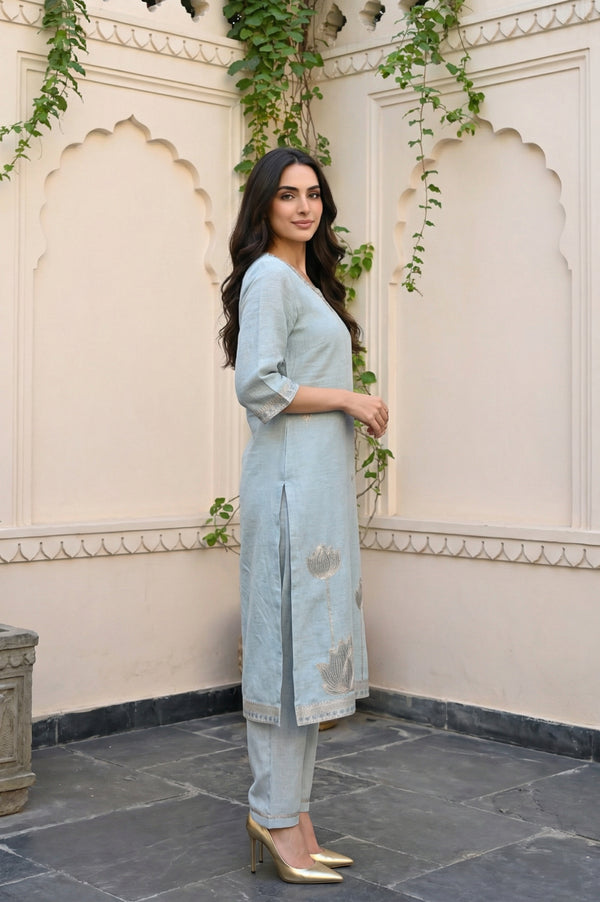 Greyish Blue Embroidered Straight Jacquard Kurta with Trouser and Dupatta Set