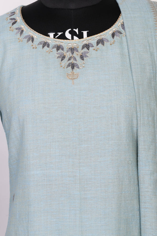 Greyish Blue Embroidered Straight Jacquard Kurta with Trouser and Dupatta Set