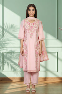 Pink Thread Embroidered Jacquard Straight Kurta with Palazzo and Dupatta Set
