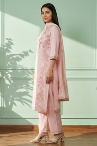 Pink Thread Embroidered Jacquard Straight Kurta with Palazzo and Dupatta Set