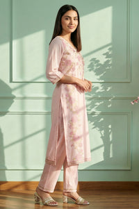 Pink Thread Embroidered Jacquard Straight Kurta with Palazzo and Dupatta Set