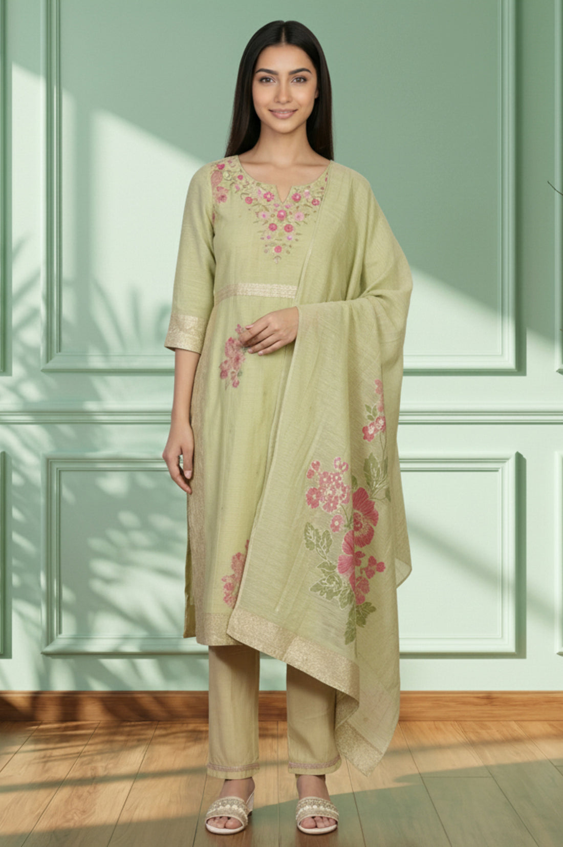 Green Thread Embroidered Jacquard Straight Kurta with Trousers and Dupatta Set
