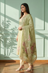 Green Thread Embroidered Jacquard Straight Kurta with Trousers and Dupatta Set