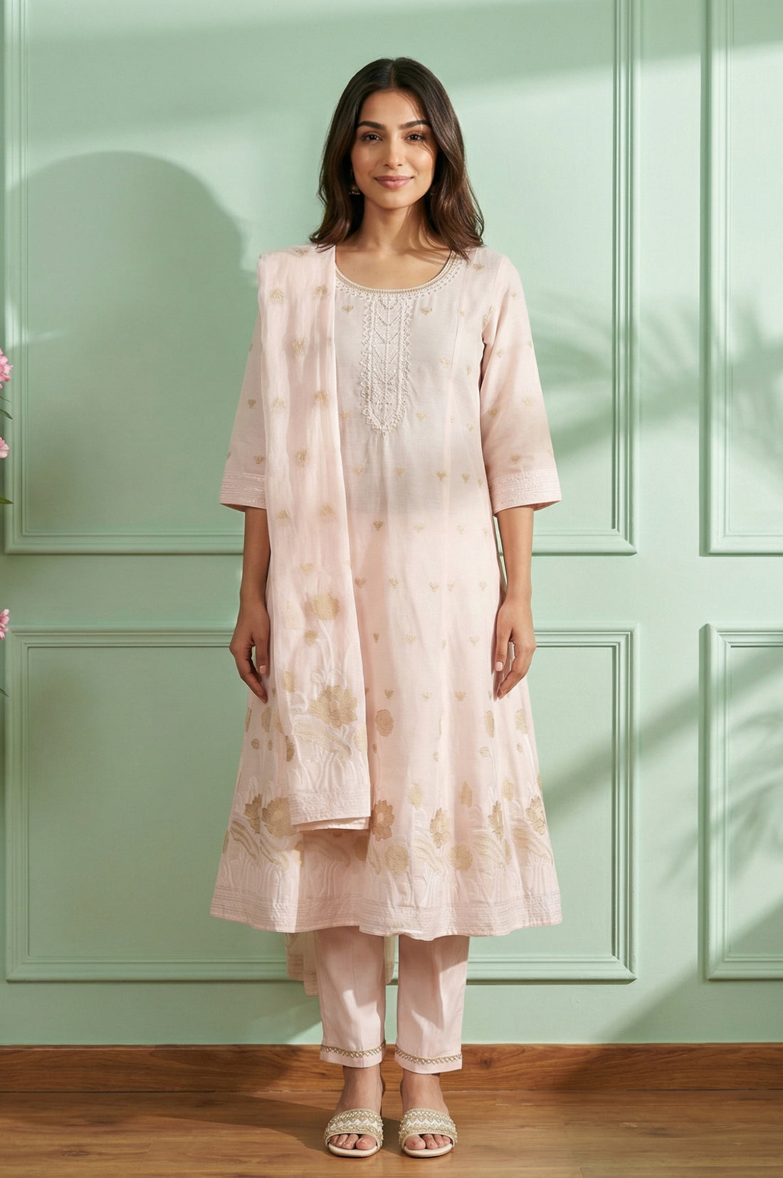 Pink Embroidered Jacquard Flared Kurta with Trouser and Dupatta Set