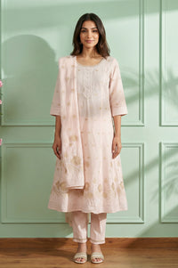 Pink Embroidered Jacquard Flared Kurta with Trouser and Dupatta Set
