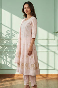 Pink Embroidered Jacquard Flared Kurta with Trouser and Dupatta Set