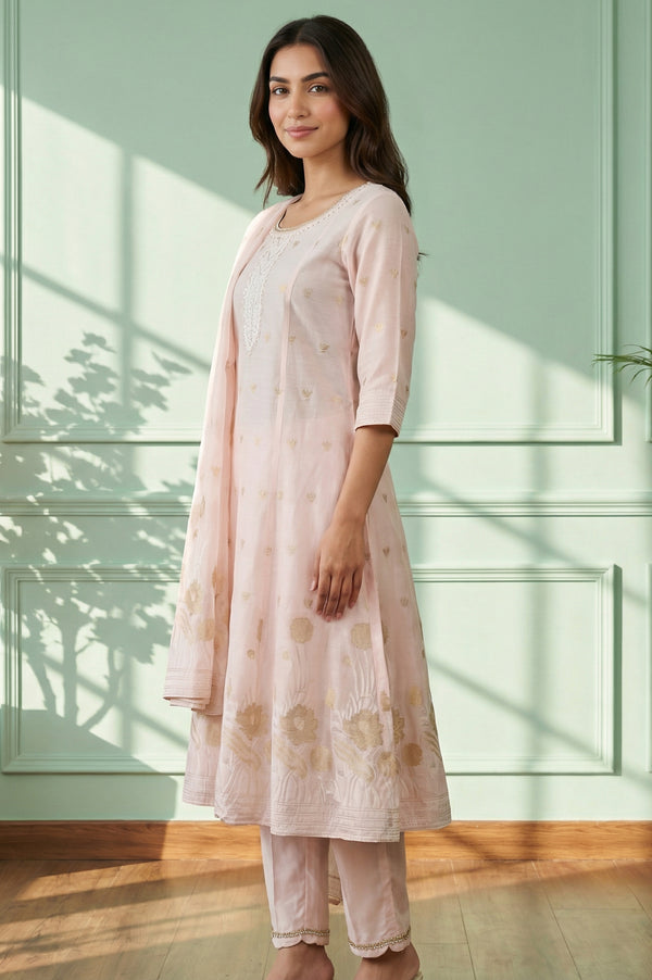 Pink Embroidered Jacquard Flared Kurta with Trouser and Dupatta Set
