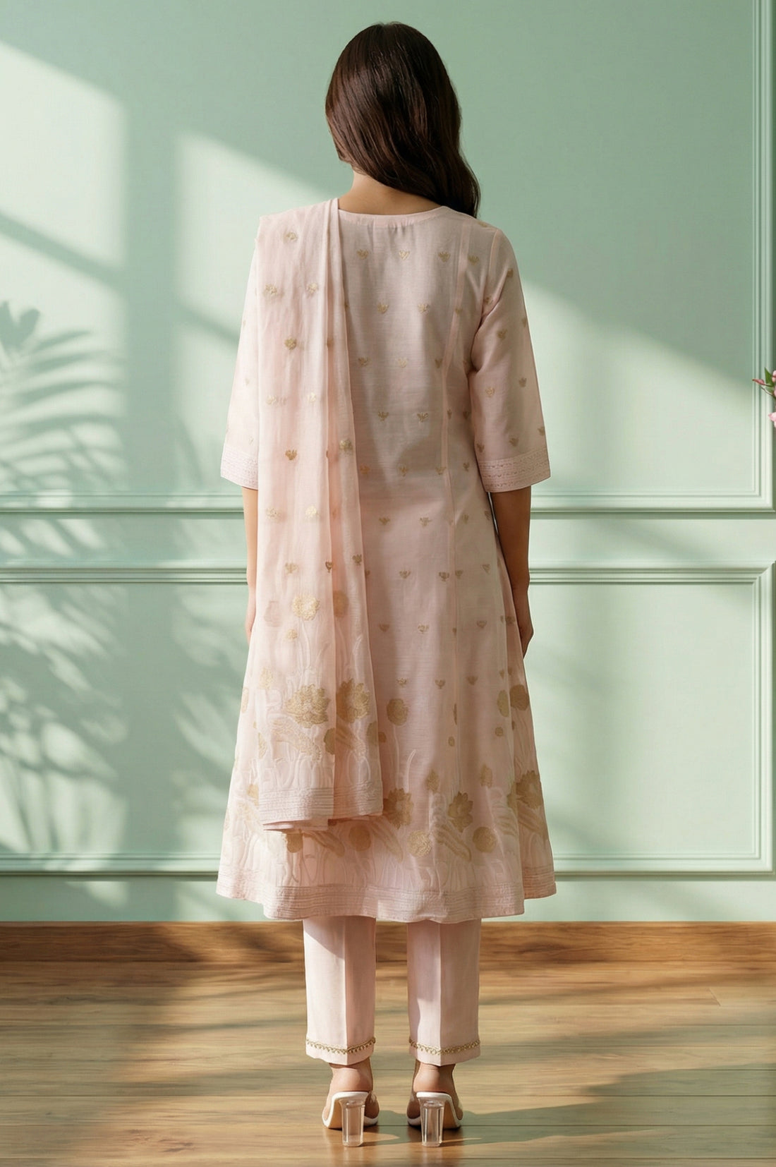 Pink Embroidered Jacquard Flared Kurta with Trouser and Dupatta Set