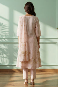 Pink Embroidered Jacquard Flared Kurta with Trouser and Dupatta Set