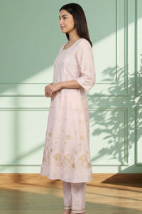 Pink Embroidered Jacquard Flared Kurta with Trouser and Dupatta Set