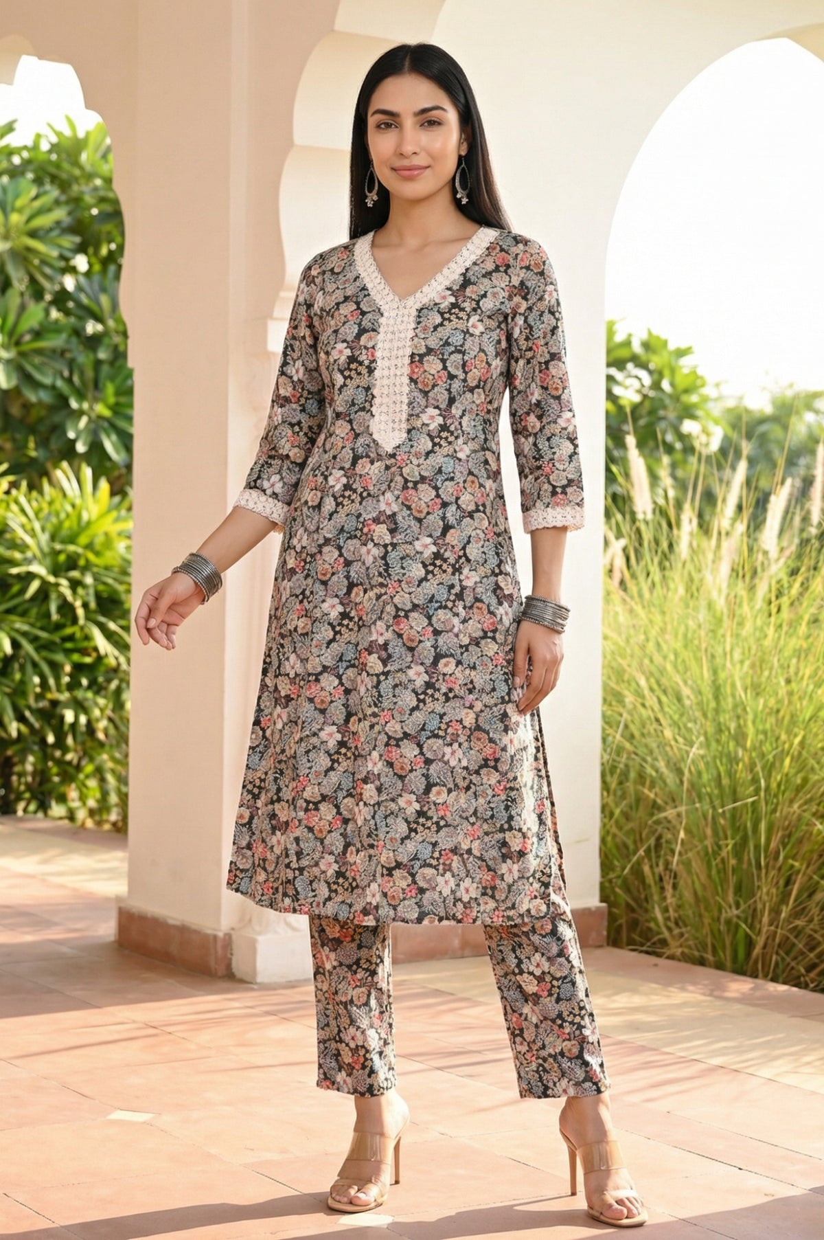 Black Floral Printed Rayon Straight Kurta with Palazzo Co-ord Set - XS